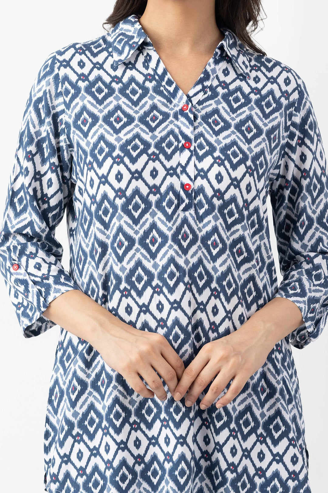 Navy Blue Printed Viscose Tunic with Collar &amp; 3/4 Sleeves