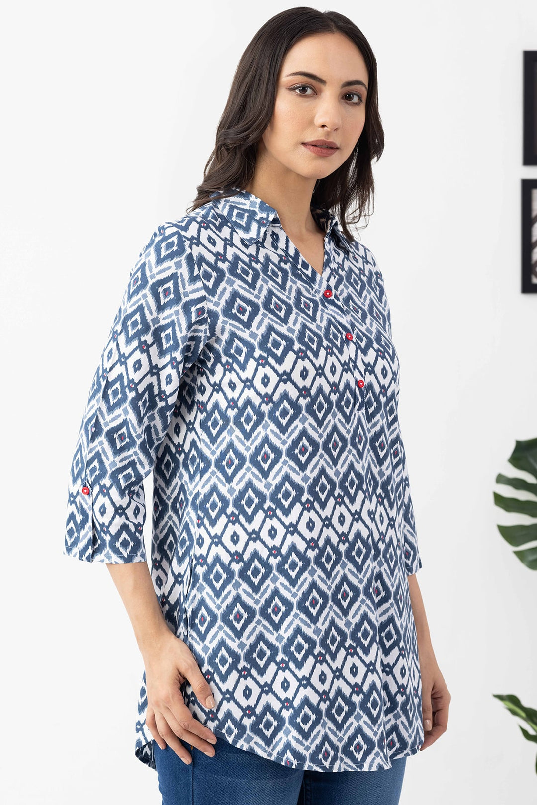 Navy Blue Printed Viscose Tunic with Collar &amp; 3/4 Sleeves