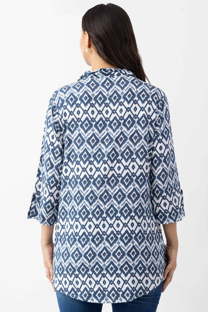 Navy Blue Printed Viscose Tunic with Collar &amp; 3/4 Sleeves