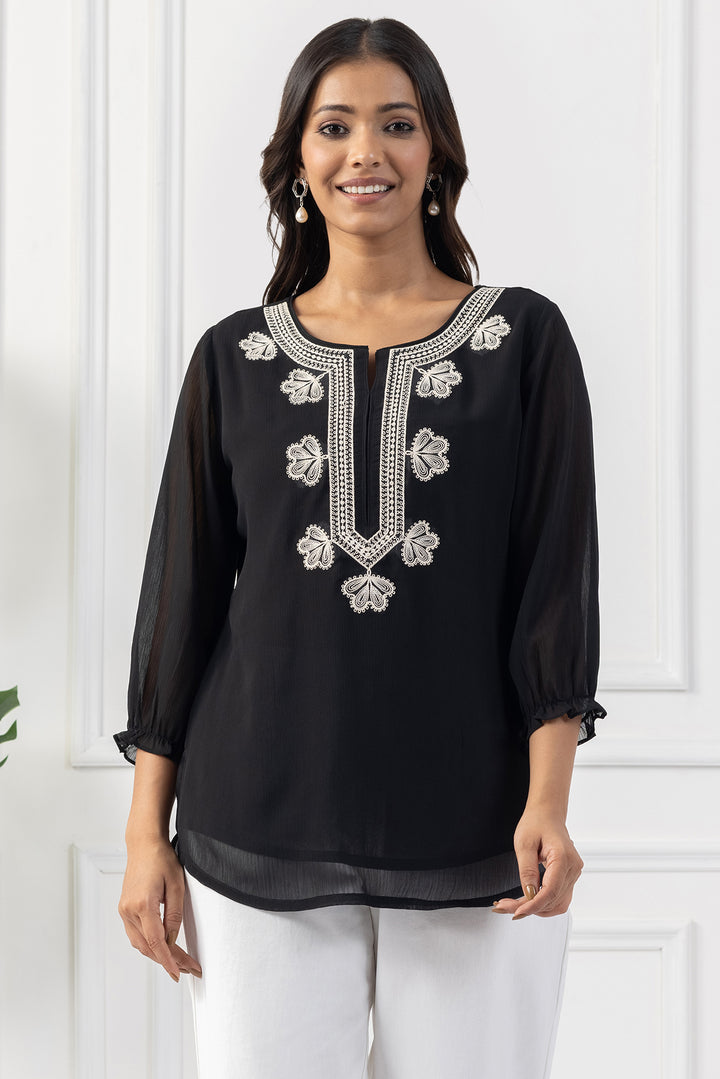 Black Chiffon Embroidered Top