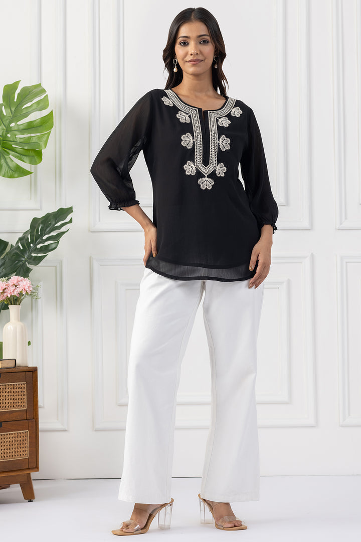 Black Chiffon Embroidered Top