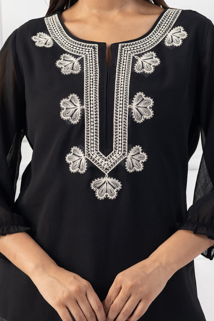 Black Chiffon Embroidered Top
