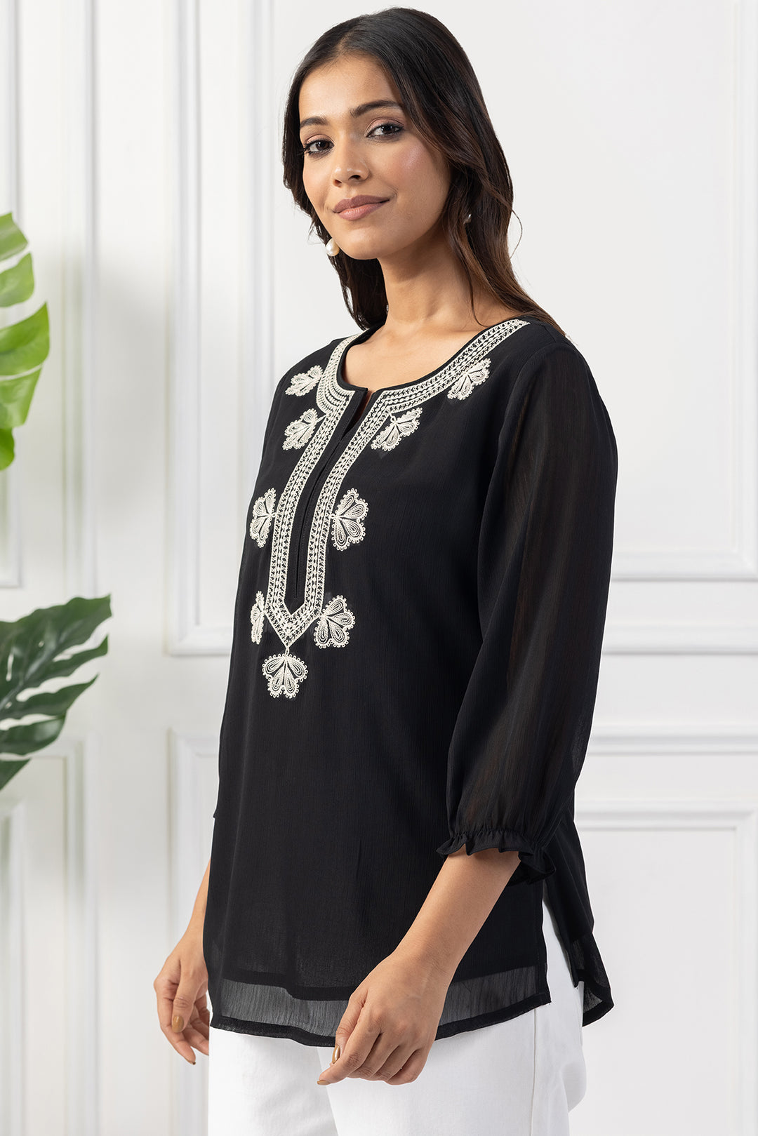 Black Chiffon Embroidered Top