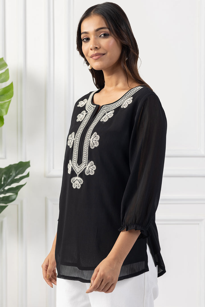 Black Chiffon Embroidered Top