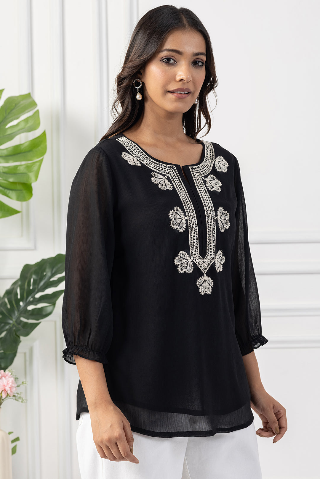 Black Chiffon Embroidered Top