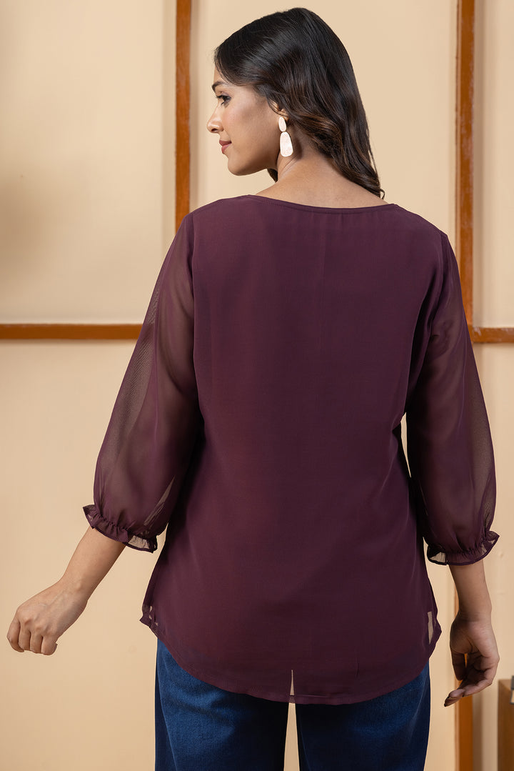 Wine Georgette Embroidered Top