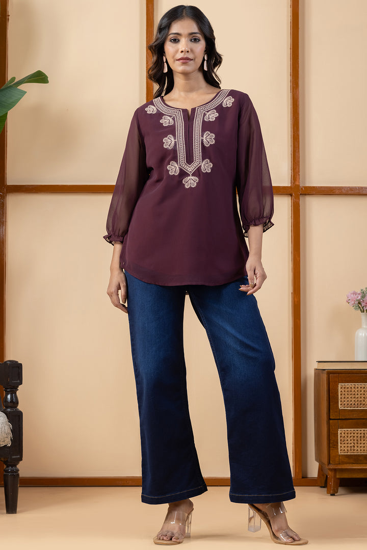 Wine Georgette Embroidered Top