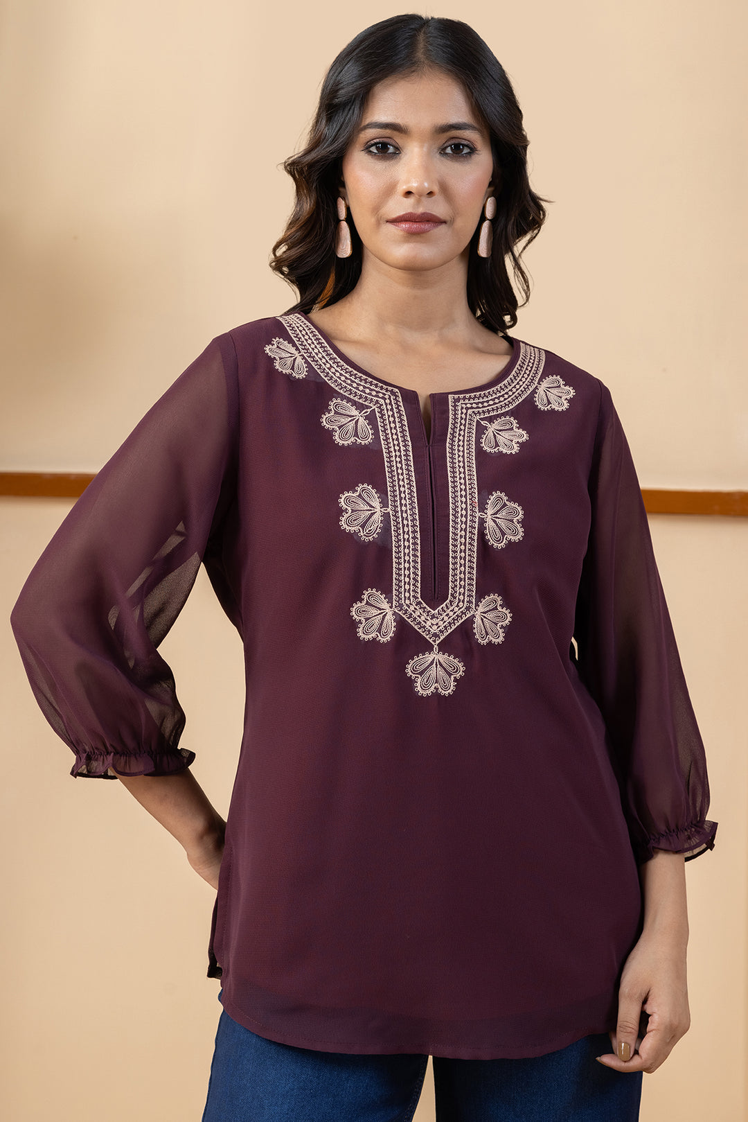Wine Georgette Embroidered Top