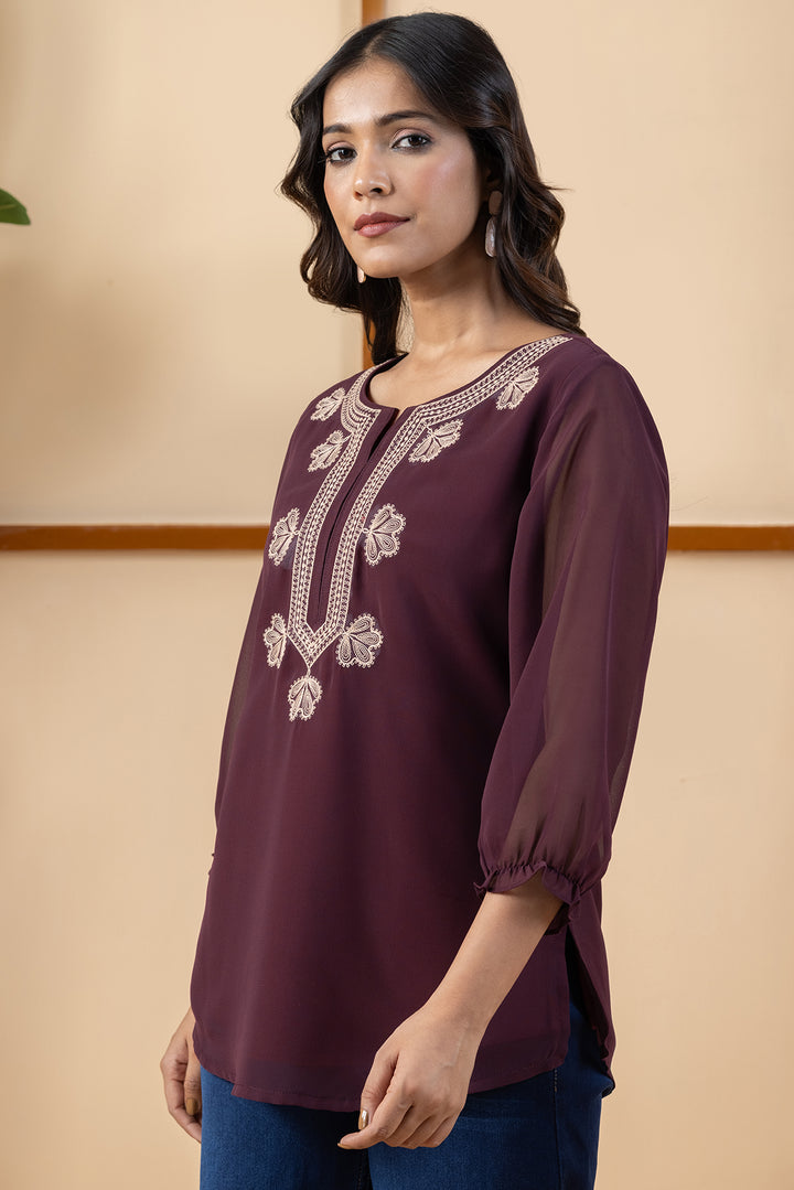 Wine Georgette Embroidered Top