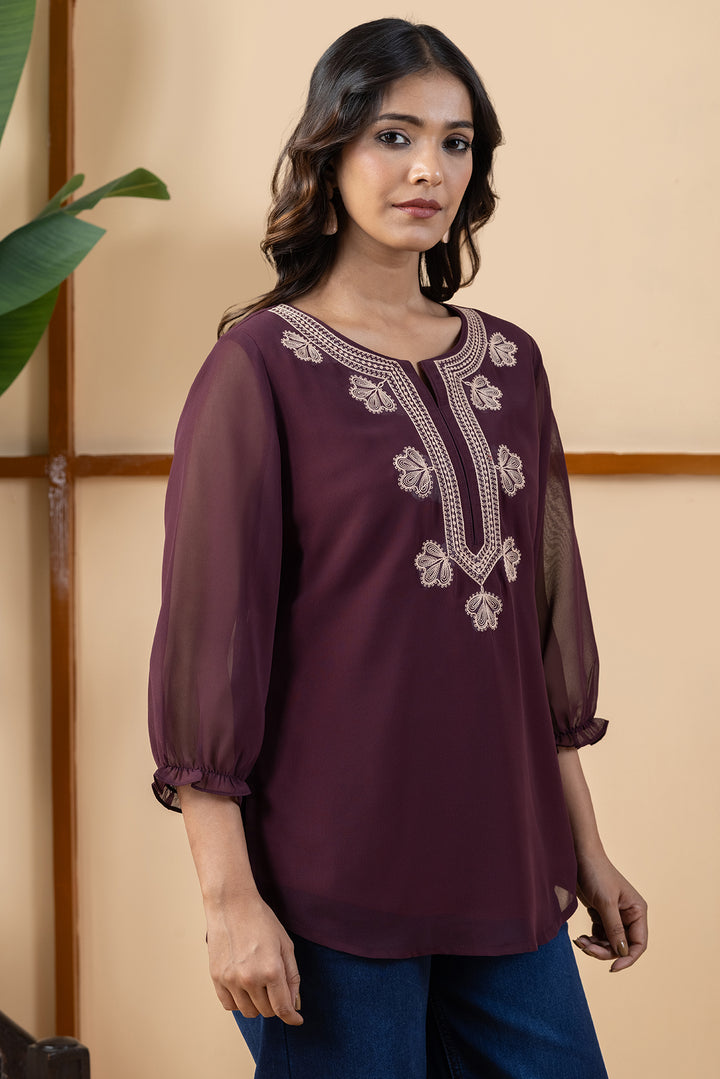 Wine Georgette Embroidered Top
