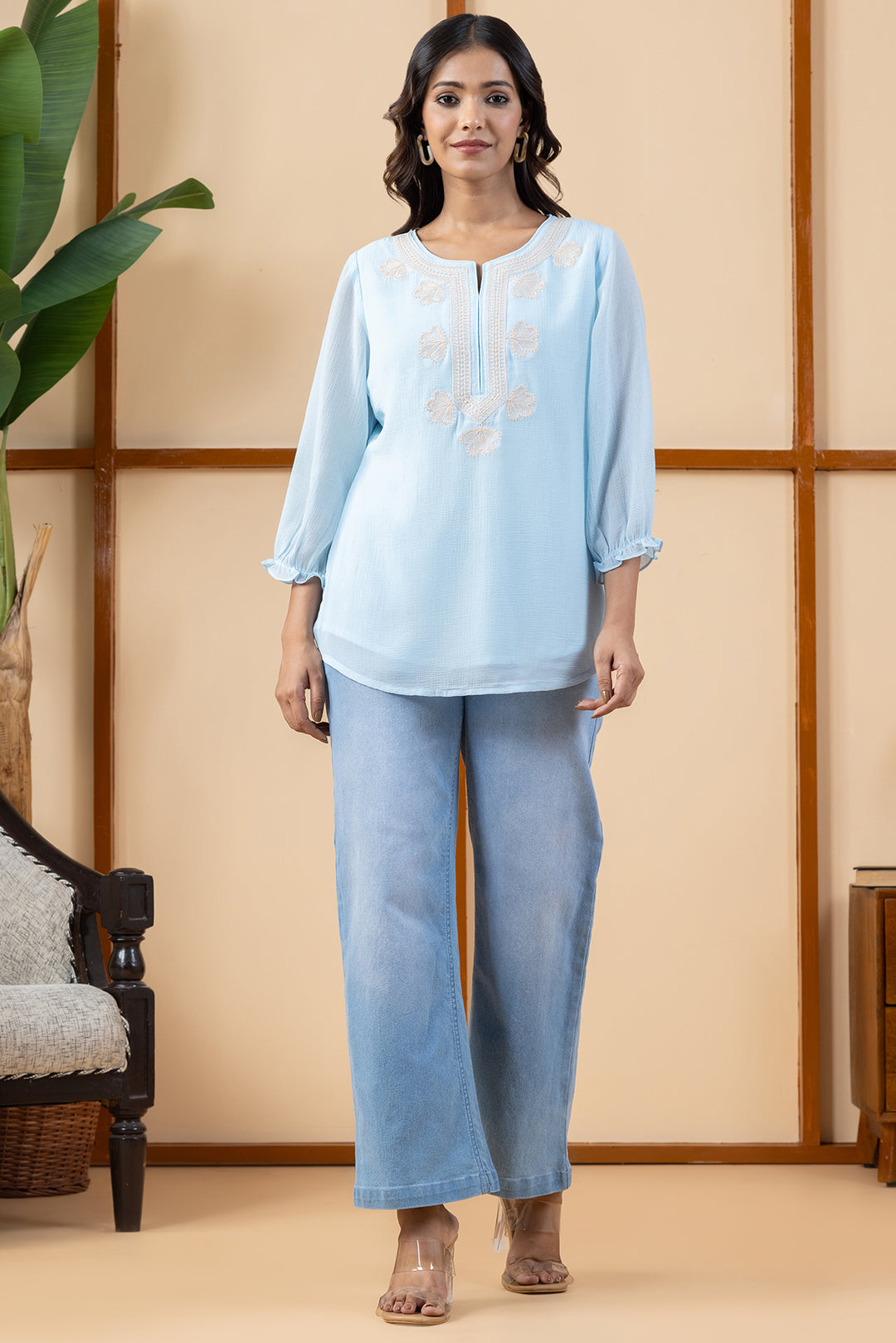 Sky Blue Chiffon Embroidered Top