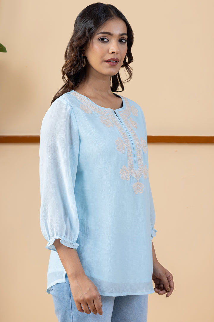 Sky Blue Chiffon Embroidered Top