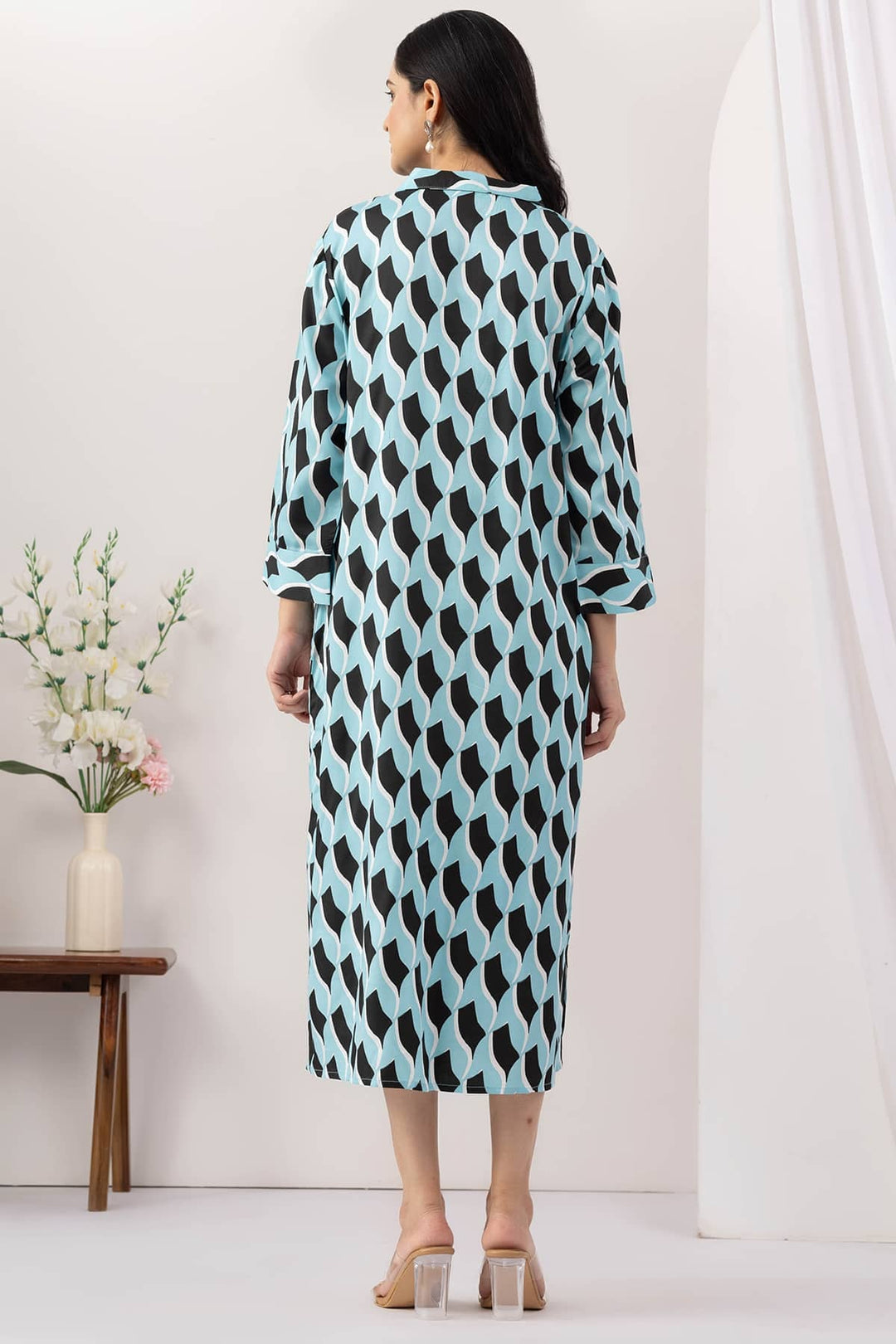 Sky Blue Printed Viscose Dress with Collared Neck &amp; 3/4 Sleeves