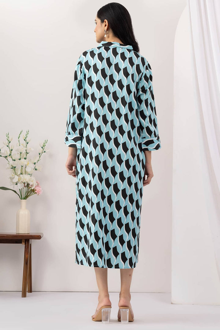 Sky Blue Printed Viscose Dress with Collared Neck &amp; 3/4 Sleeves