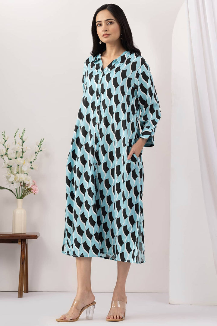 Sky Blue Printed Viscose Dress with Collared Neck &amp; 3/4 Sleeves