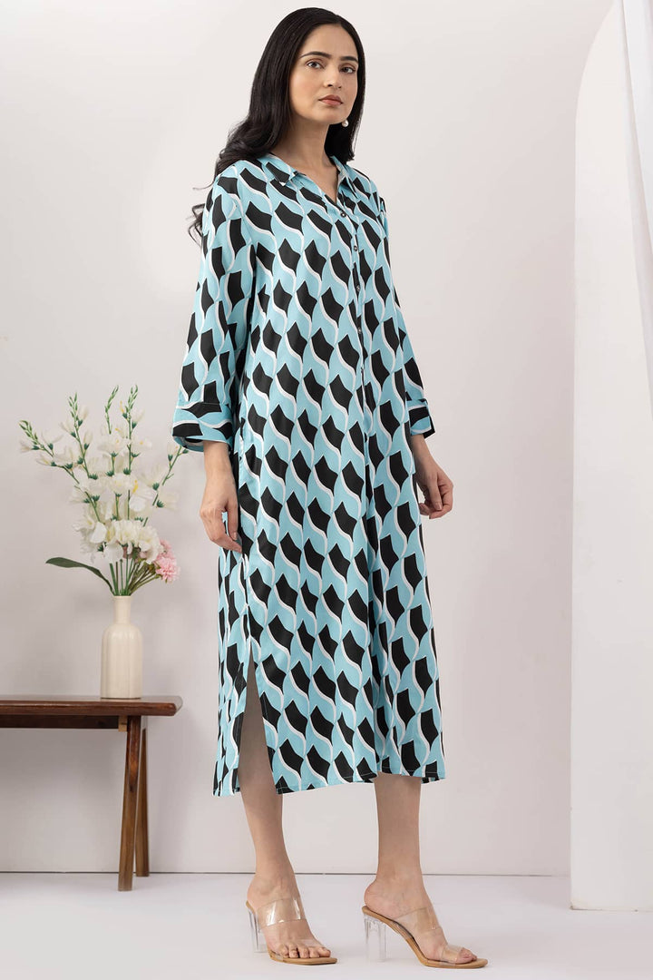 Sky Blue Printed Viscose Dress with Collared Neck &amp; 3/4 Sleeves