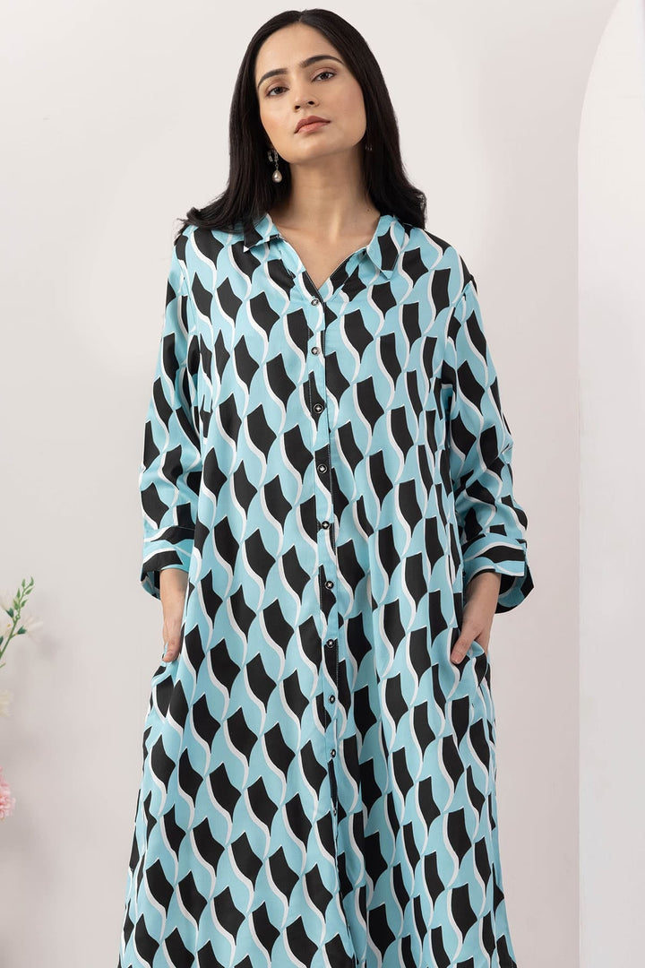 Sky Blue Printed Viscose Dress with Collared Neck &amp; 3/4 Sleeves