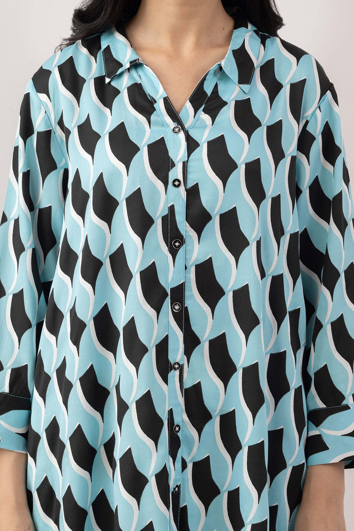 Sky Blue Printed Viscose Dress with Collared Neck &amp; 3/4 Sleeves