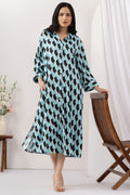 Sky Blue Printed Viscose Dress with Collared Neck & 3/4 Sleeves