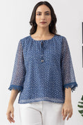 Blue Chiffon Printed Top with Round Neck & 3/4 Sleeves