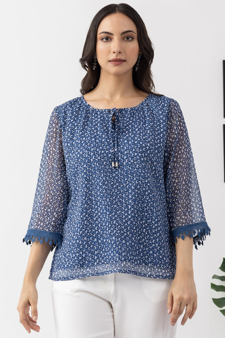 Blue Chiffon Printed Top with Round Neck &amp; 3/4 Sleeves