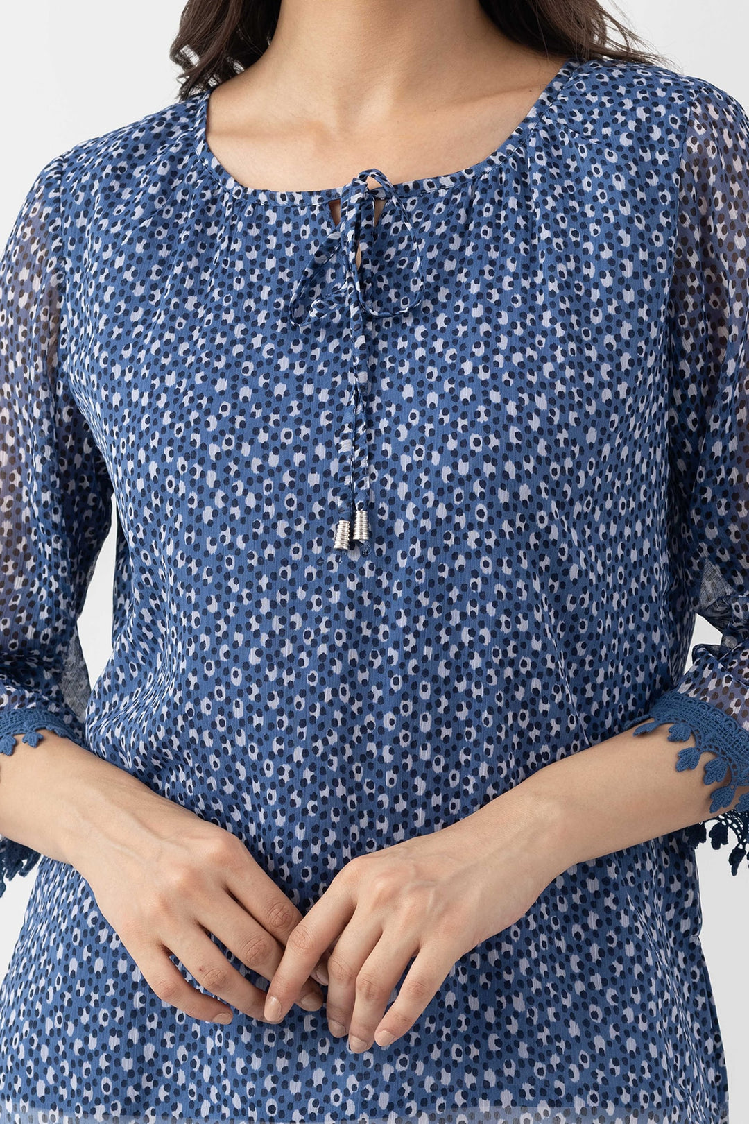 Blue Chiffon Printed Top with Round Neck &amp; 3/4 Sleeves