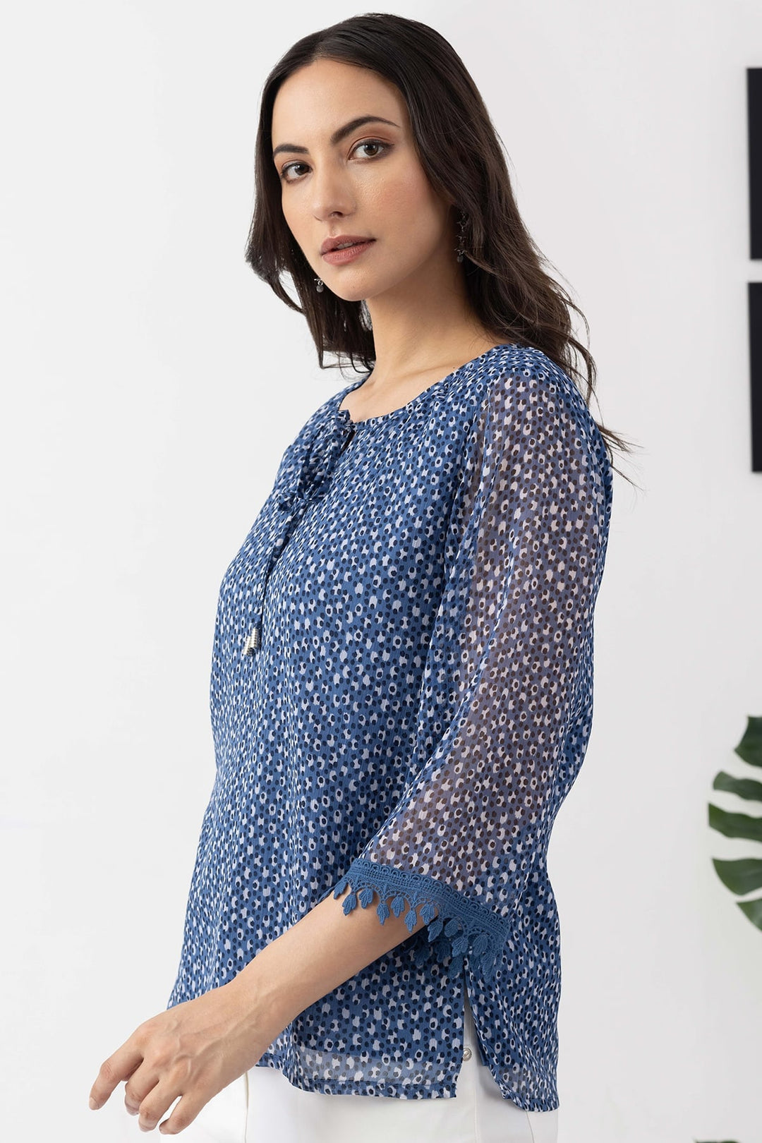 Blue Chiffon Printed Top with Round Neck &amp; 3/4 Sleeves