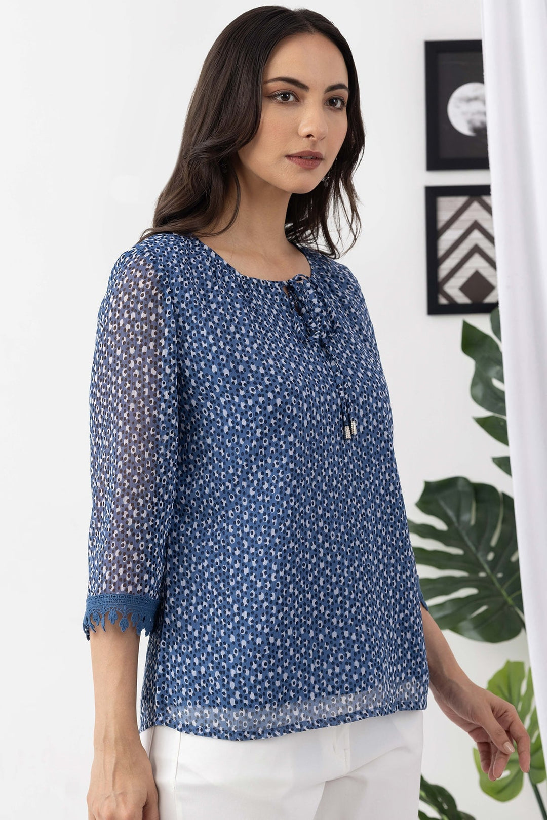 Blue Chiffon Printed Top with Round Neck &amp; 3/4 Sleeves