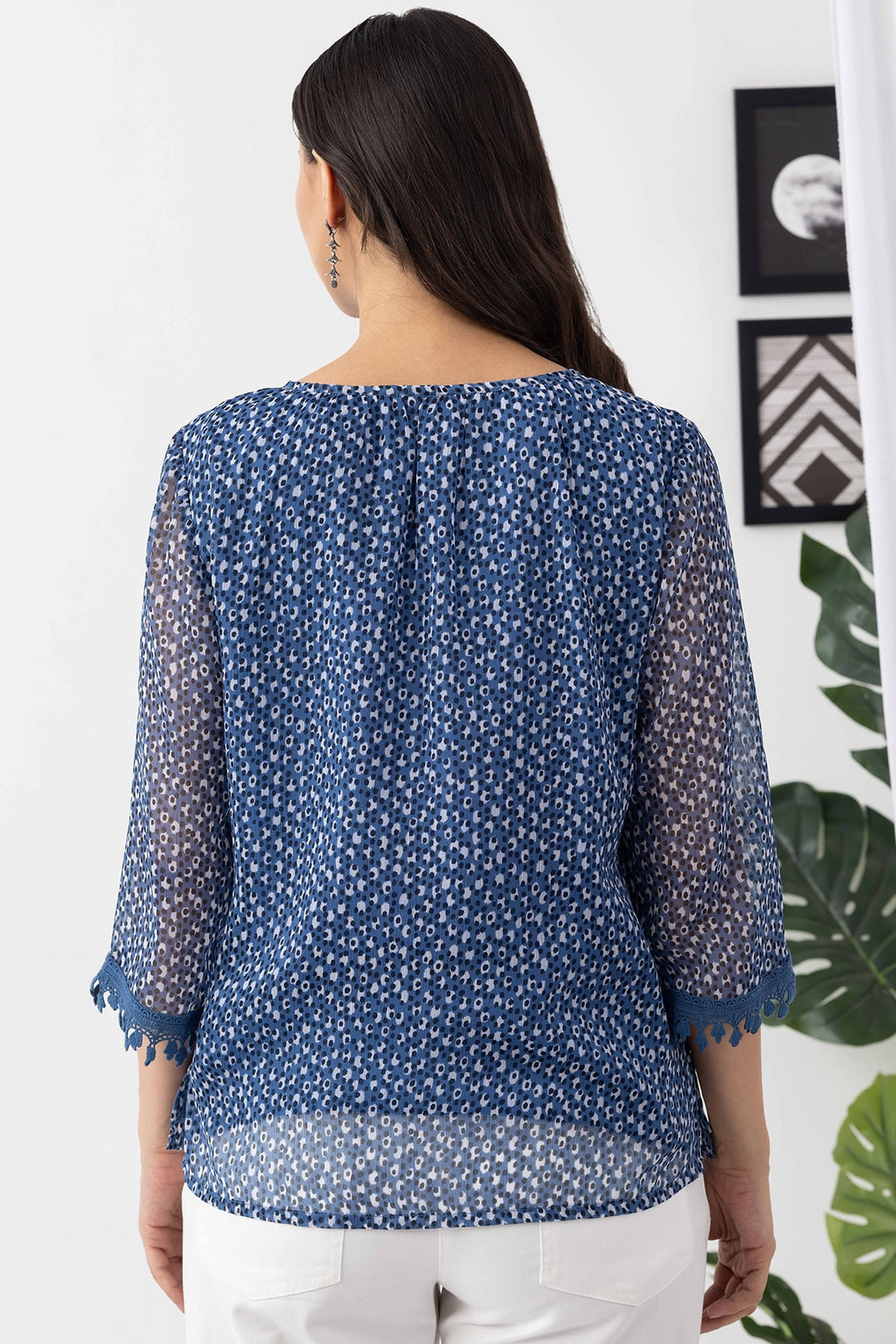 Blue Chiffon Printed Top with Round Neck &amp; 3/4 Sleeves