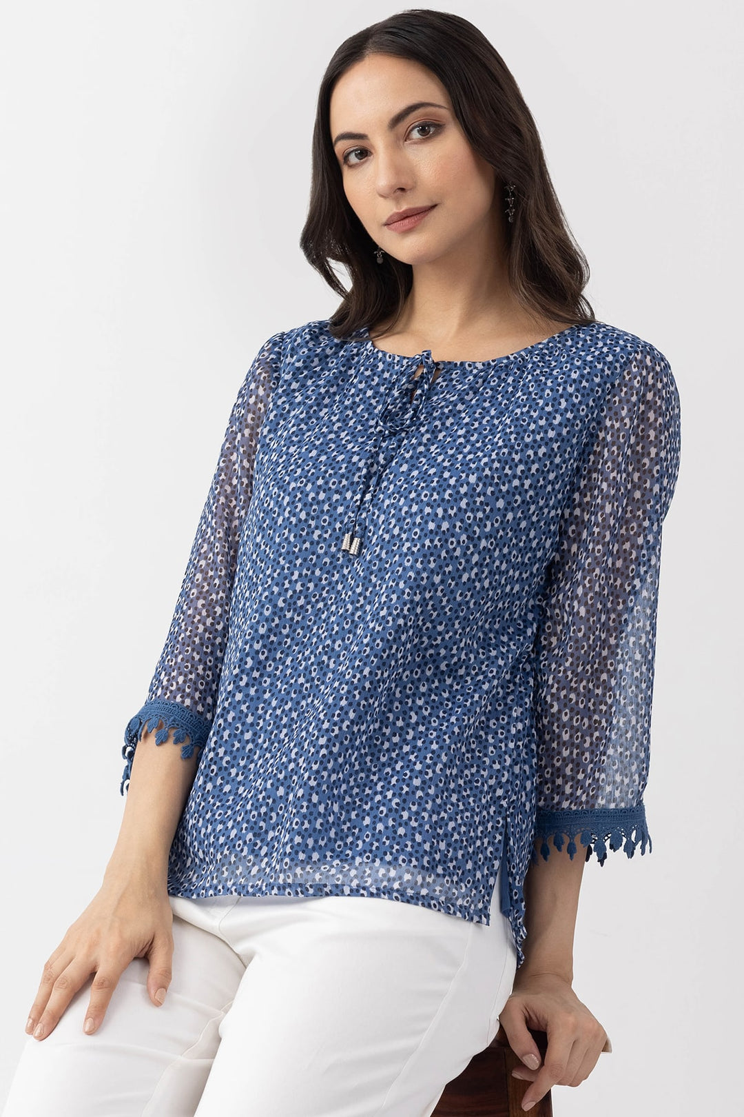 Blue Chiffon Printed Top with Round Neck &amp; 3/4 Sleeves