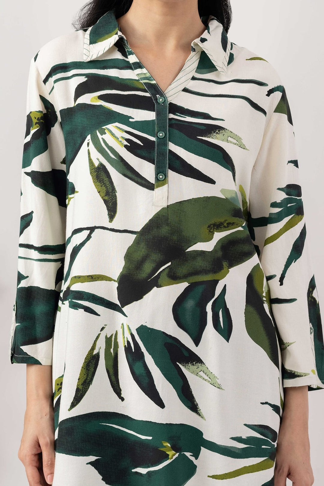 Ivory Printed Viscose Tunic with Collared &amp; 3/4 Sleeves