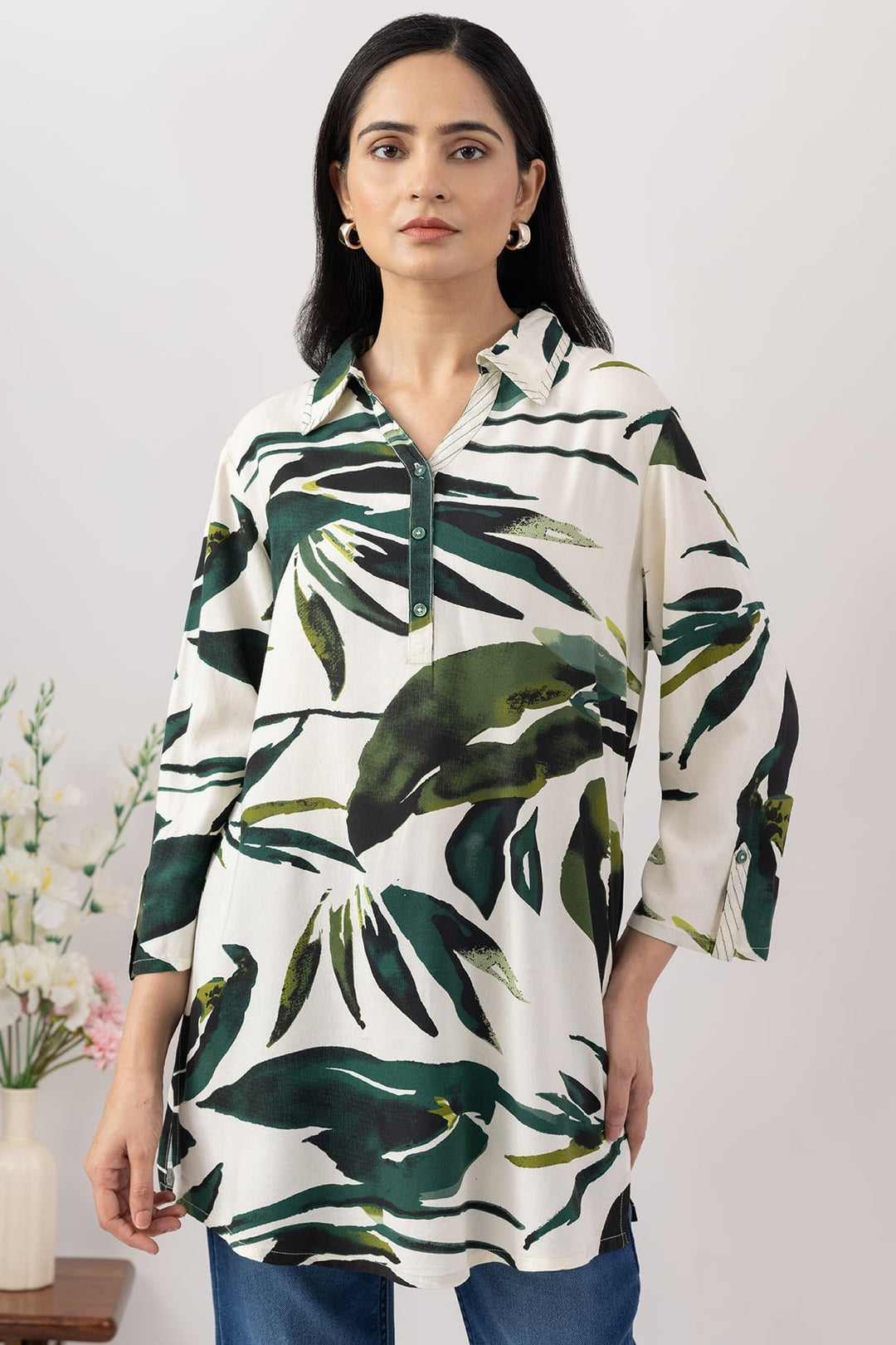 Ivory Printed Viscose Tunic with Collared &amp; 3/4 Sleeves