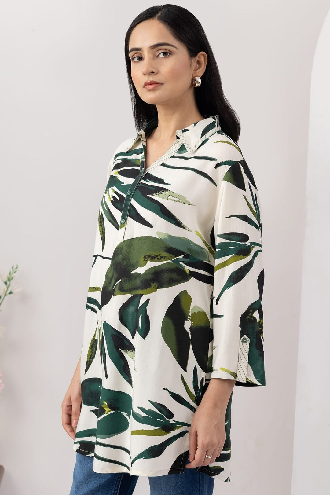 Ivory Printed Viscose Tunic with Collared &amp; 3/4 Sleeves
