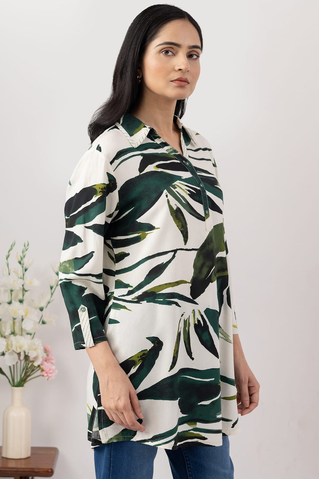 Ivory Printed Viscose Tunic with Collared &amp; 3/4 Sleeves