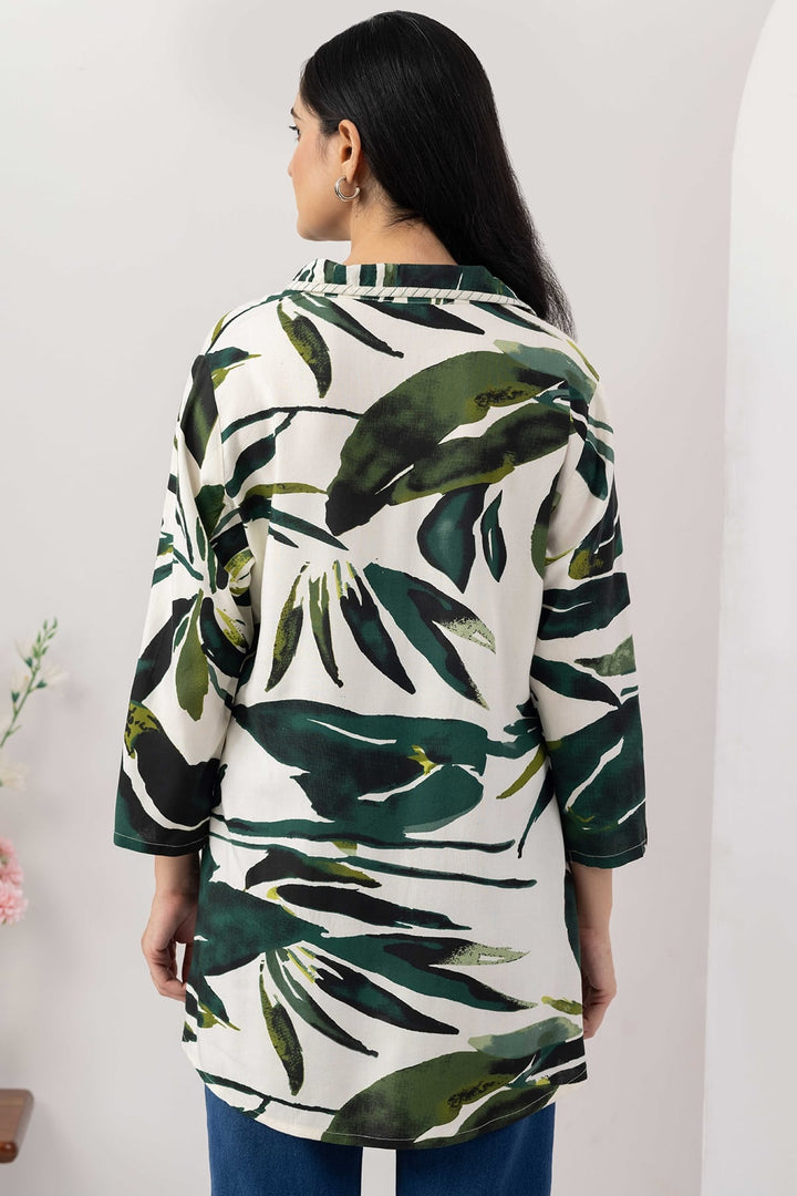 Ivory Printed Viscose Tunic with Collared &amp; 3/4 Sleeves