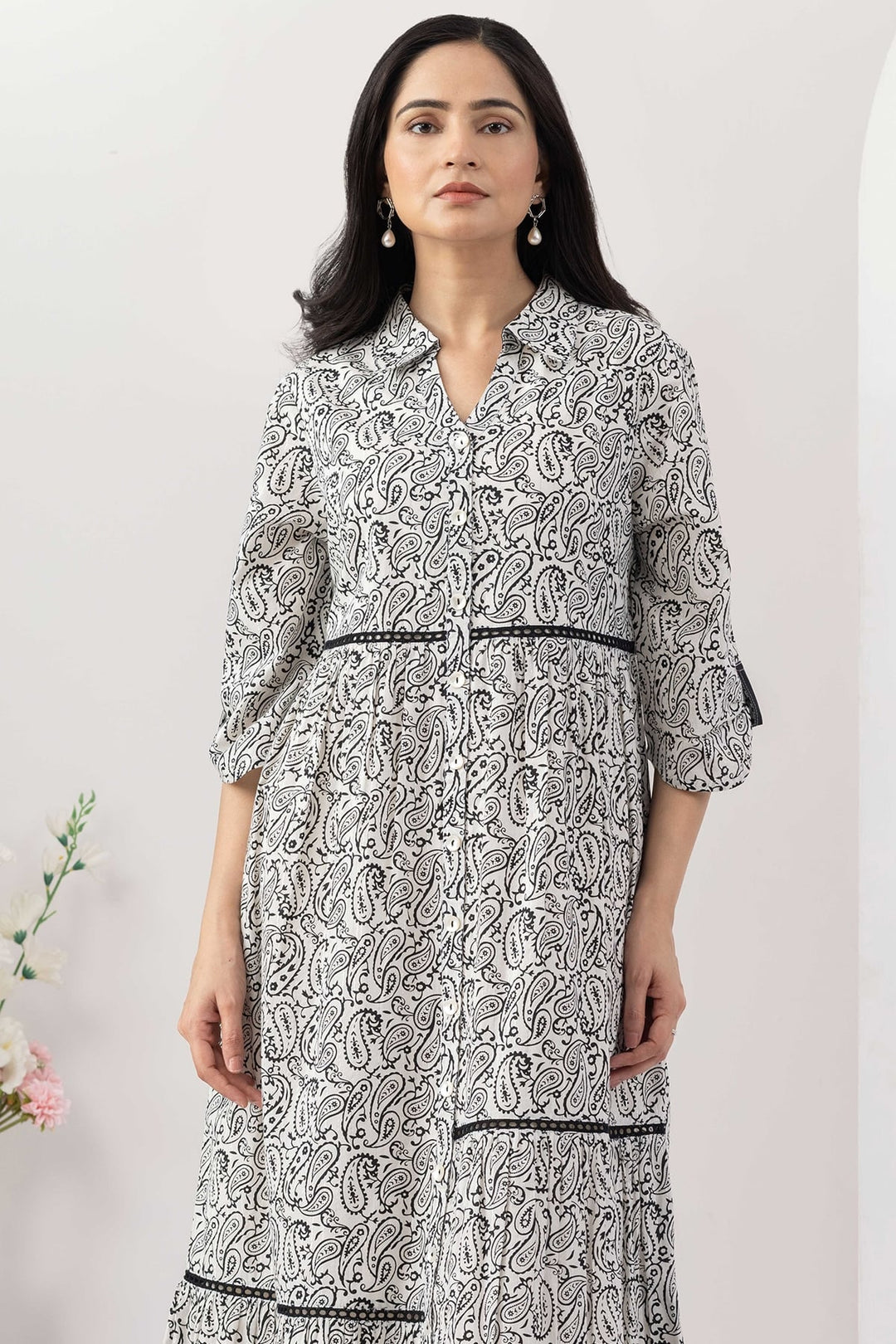 White Cotton Lurex Printed Dress with Collared Neck and Lace Work