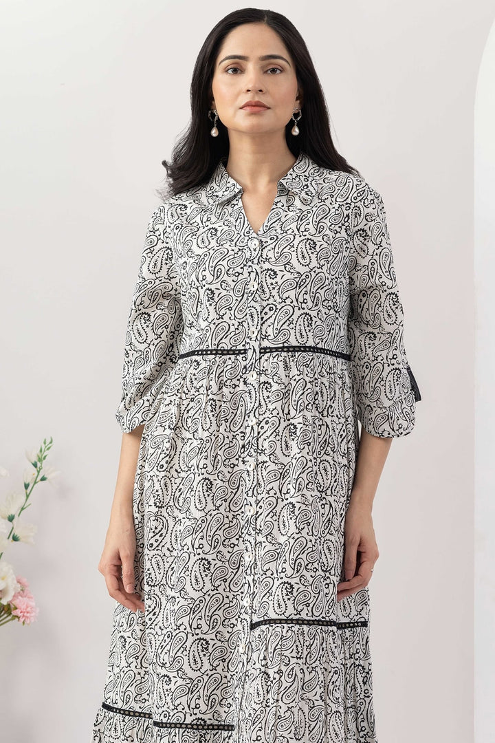 White Cotton Lurex Printed Dress with Collared Neck and Lace Work
