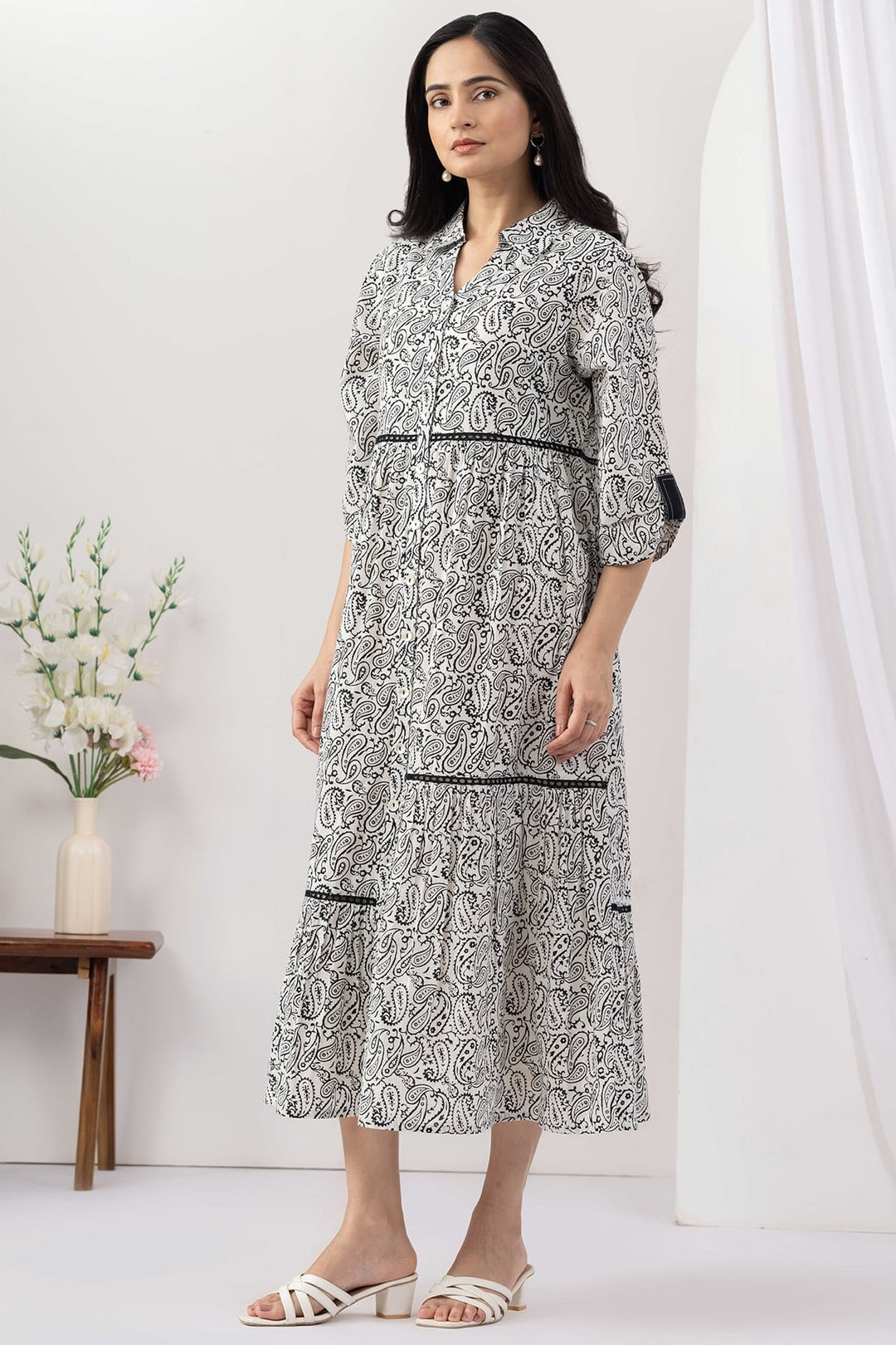 White Cotton Lurex Printed Dress with Collared Neck and Lace Work