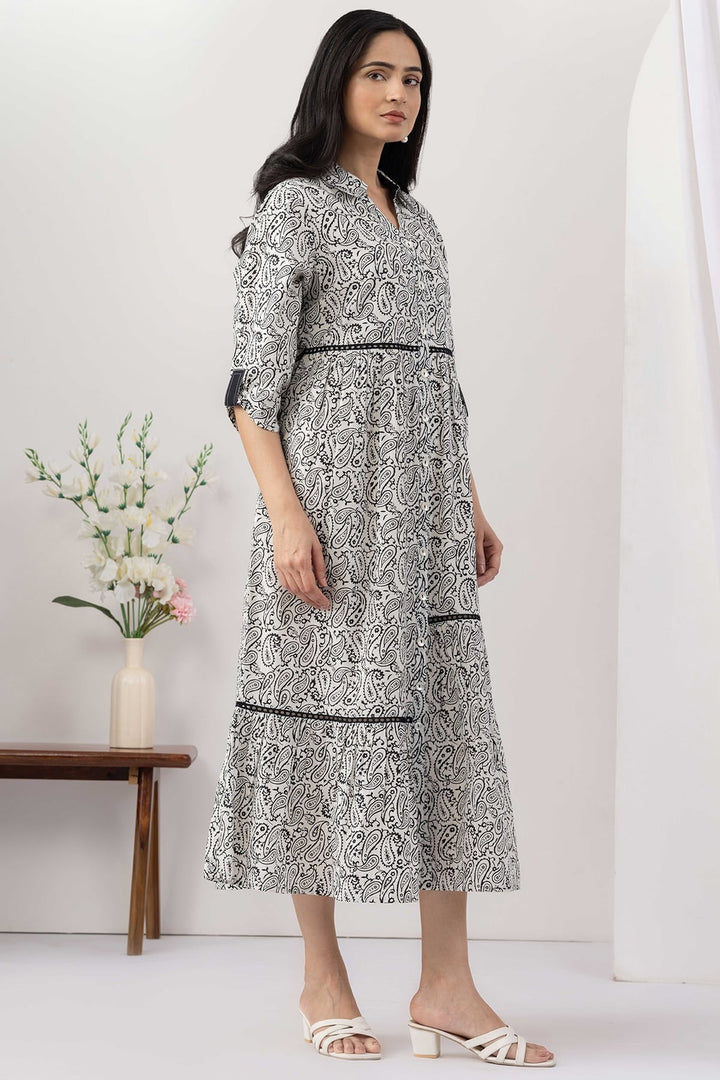 White Cotton Lurex Printed Dress with Collared Neck and Lace Work