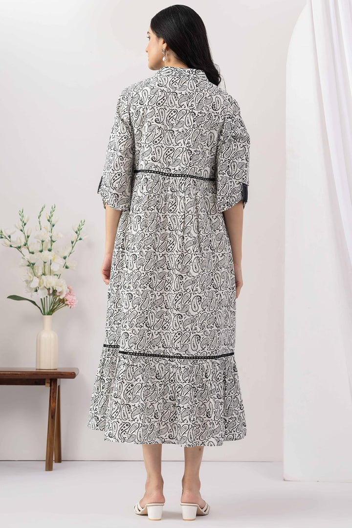 White Cotton Lurex Printed Dress with Collared Neck and Lace Work