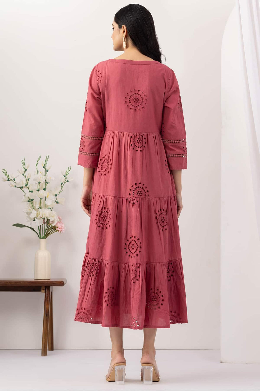Pink Cotton Schiffli Embroidery Dress with Round Neck and Lace Work