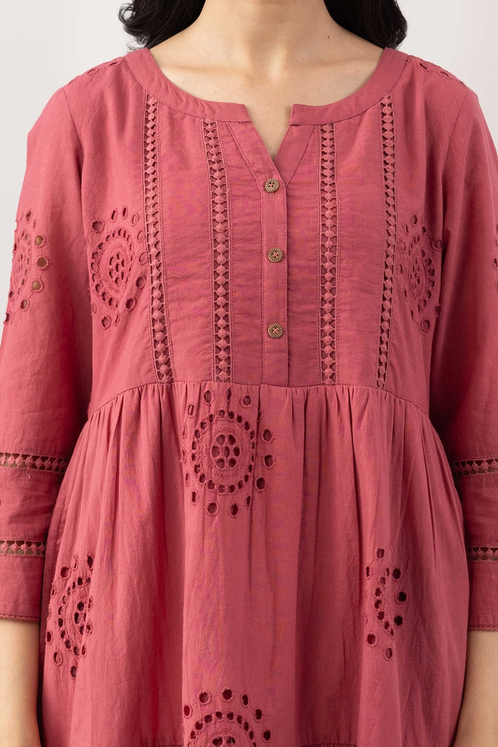 Pink Cotton Schiffli Embroidery Dress with Round Neck and Lace Work