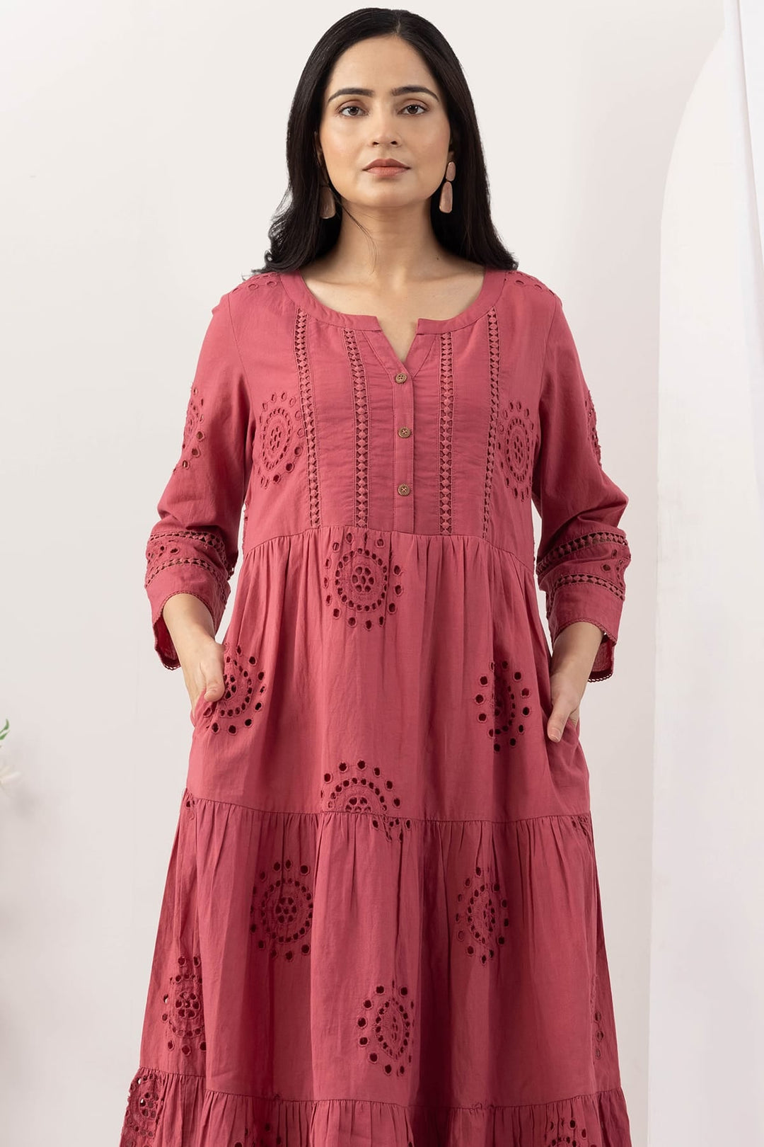 Pink Cotton Schiffli Embroidery Dress with Round Neck and Lace Work