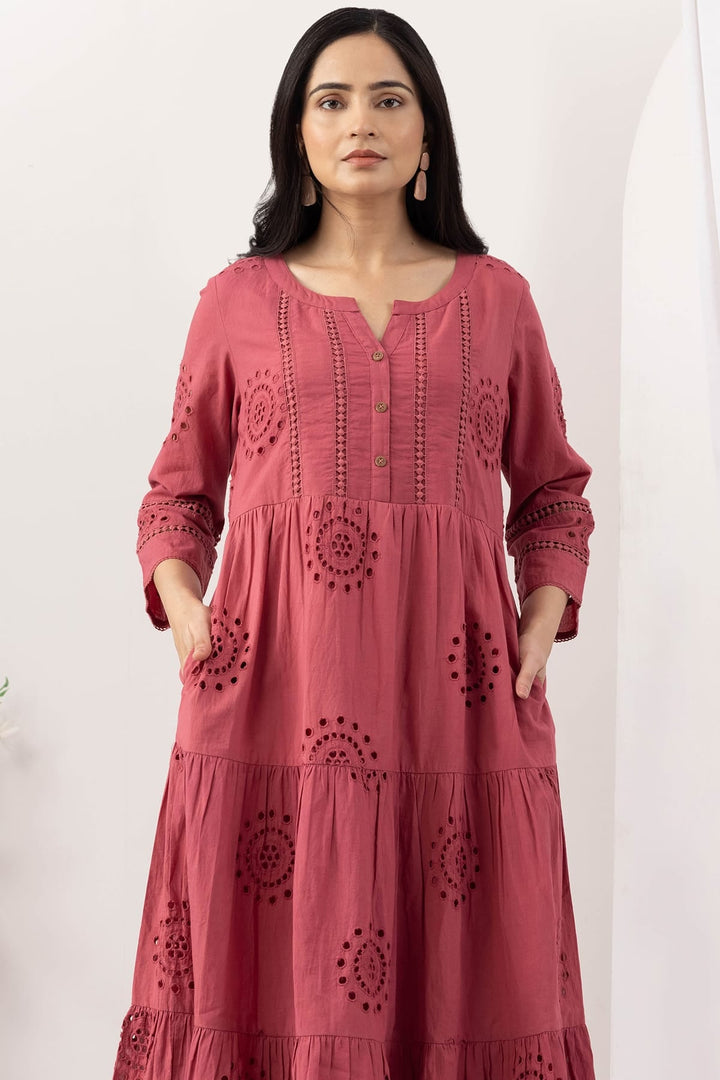 Pink Cotton Schiffli Embroidery Dress with Round Neck and Lace Work