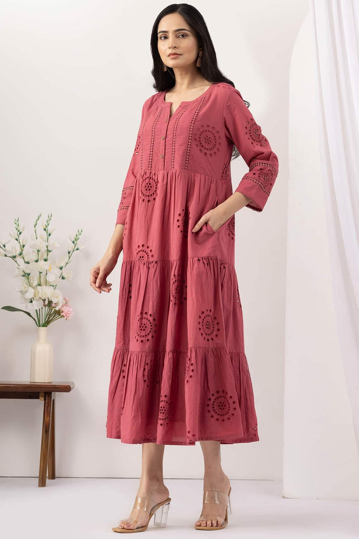 Pink Cotton Schiffli Embroidery Dress with Round Neck and Lace Work