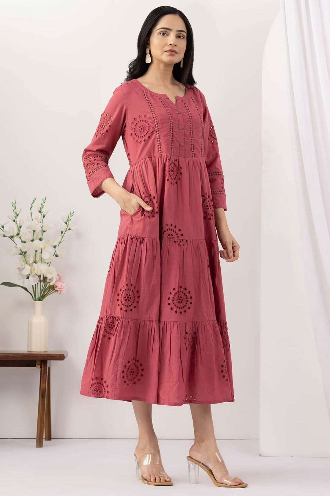Pink Cotton Schiffli Embroidery Dress with Round Neck and Lace Work