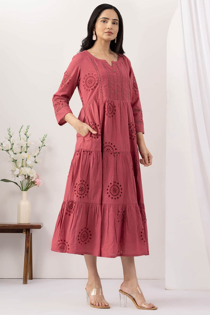 Pink Cotton Schiffli Embroidery Dress with Round Neck and Lace Work