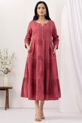 Pink Cotton Schiffli Embroidery Dress with Round Neck and Lace Work
