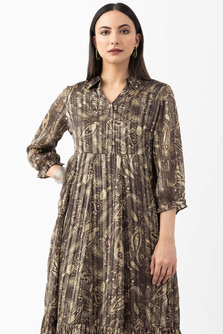 Olive Printed Dress with Collared Neck &amp; 3/4 Sleeves