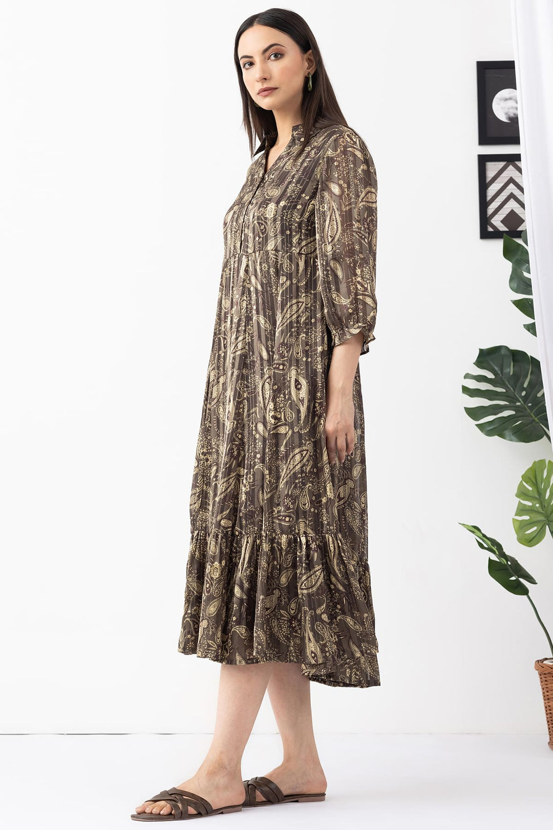 Olive Printed Dress with Collared Neck &amp; 3/4 Sleeves